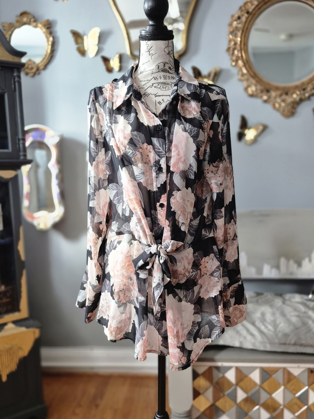 INC International Concepts Black Floral Tie-Front Button-Down Blouse